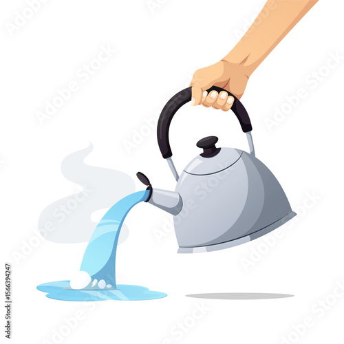 Pouring hot water from a kettle by hand vector isolated on white background.