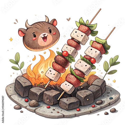 with Moo Ping Skewers Cooking over Coals in Chibi, Cute on white background