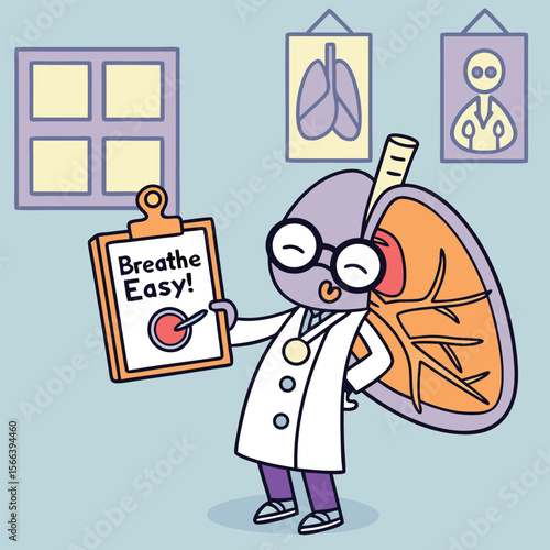 Cartoon Lung Doctor with Clipboard, Medical Coat, and Round Glasses