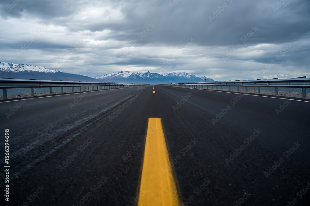 Fototapeta premium A long road stretches towards snowcapped mountains under a cloudy sky