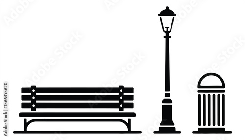 Park Bench, Street Lamp, and Trash Can Vector