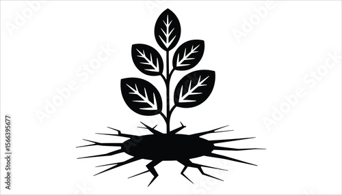 Black Plant Growing from Cracked Soil Vector