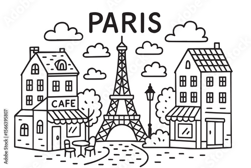 Black and white doodle background features the city of Paris in vector style with bold black outlines, perfect for stylish, modern graphic applications.