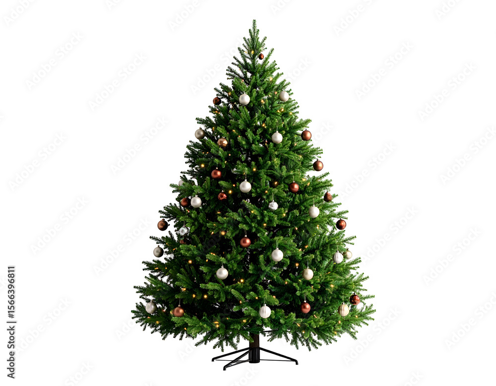 A vibrant green holiday tree sparkling with elegant white and bronze baubles and twinkling lights. A vibrant green holiday tree sparkling with elegant white and bronze baubles and twinkling lights.