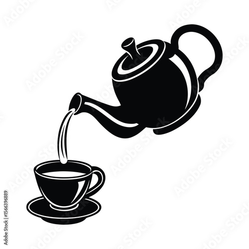 Elegant black silhouette of a teapot pouring steaming tea into a delicate teacup