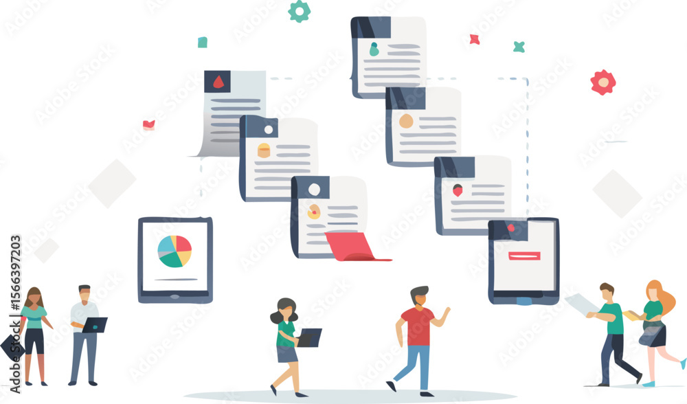 People interacting with documents and digital devices in a modern collaborative environment setting People interacting with documents and digital devices in a modern collaborative environment setting
