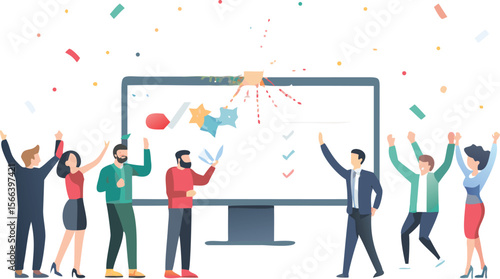 Group of people celebrating with confetti in front of a large computer screen with checkmarks