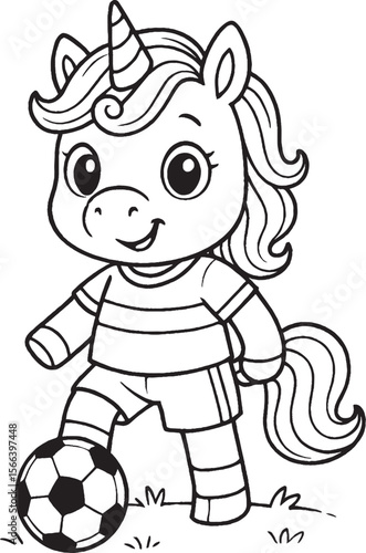 Cute Unicorn Playing Soccer – Printable Cartoon Coloring Page for Kids