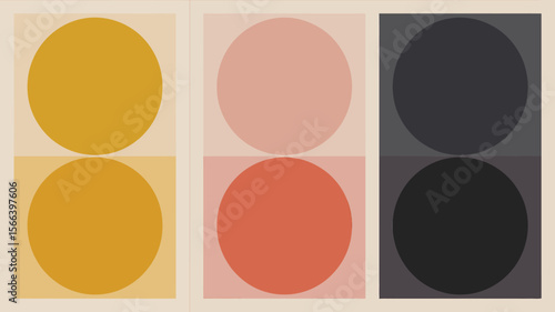 Three panels featuring stacked circles in yellow pink and gray tones on a beige background art design