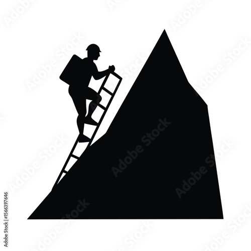 Black silhouette of person climbing ladder up steep mountain