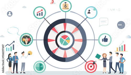 Illustration of a business strategy target with team members and data icons around the target