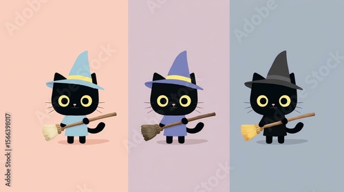 Cute cartoon witch cats with colorful hats.