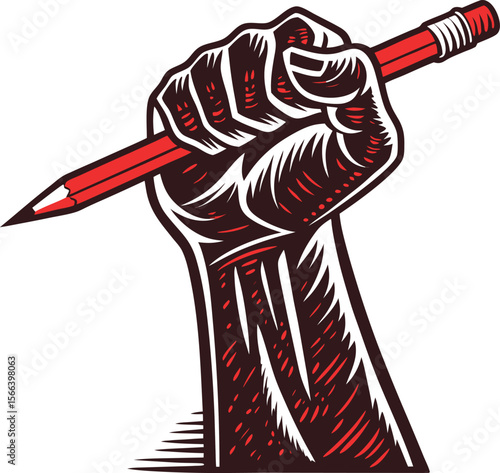 Fist holding a pencil symbolizing power of writing and education