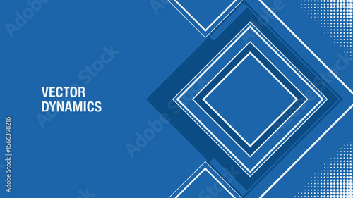 Blue background with vector dynamics text and white outlined diamond shapes and halftone pattern design