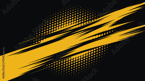 A black background with a yellow halftone circle and diagonal yellow brush strokes across the image