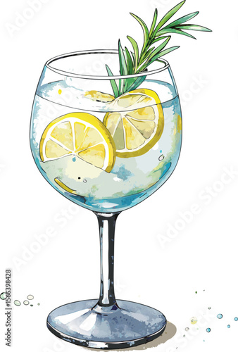 Refreshing watercolor illustration of a gin and tonic with lemon and rosemary