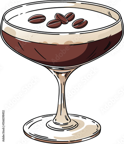 Espresso martini cocktail with coffee beans in a coupe glass