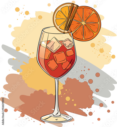 Refreshing aperol spritz cocktail with orange slices and ice on abstract background