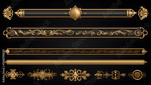 Golden decorative borders and ornaments on black background