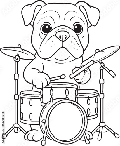 Cute Cartoon Bulldog Playing Drums – Printable Coloring Page for Kids”