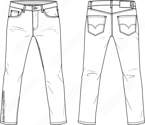 Flat technical vector sketch of men’s slim fit denim jeans with five pockets, waistband, belt loops, and topstitching details