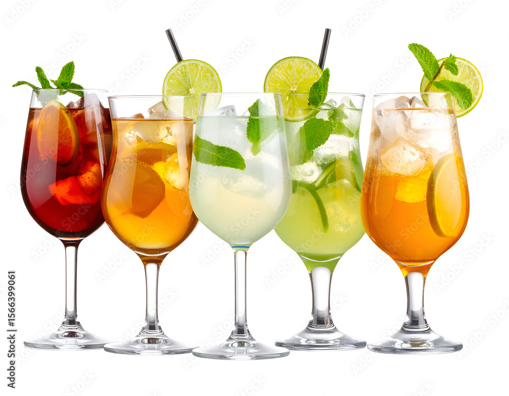 A vibrant collection of five refreshing summer cocktails in elegant stemmed glasses, perfect for any celebration. A vibrant collection of five refreshing summer cocktails in elegant stemmed glasses, perfect for any celebration.
