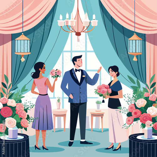 A man in a suit stands between two women, one of whom is holding flowers. The scene is set in a room with curtains and a chandelier, and the mood is elegant and romantic