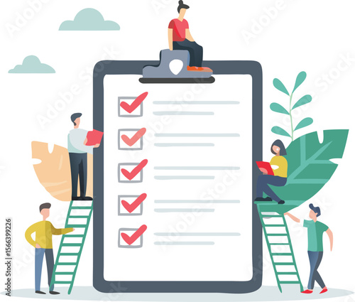 People completing a checklist on a large clipboard with ladders and greenery around it displayed nicely
