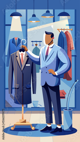 A man is standing in front of a mannequin wearing a suit and tie. He is looking at the mannequin and seems to be admiring it. The room is well lit and has a modern, stylish feel to it