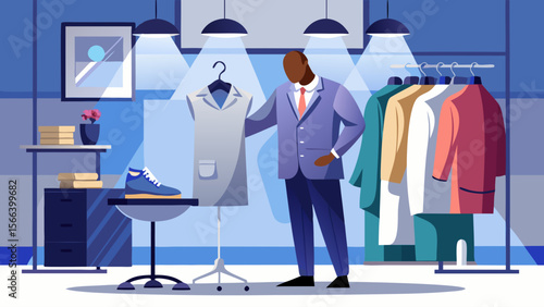 A man is standing in front of a mannequin wearing a suit and tie. He is looking at the mannequin and seems to be admiring it. The room is well lit and has a modern, stylish feel to it