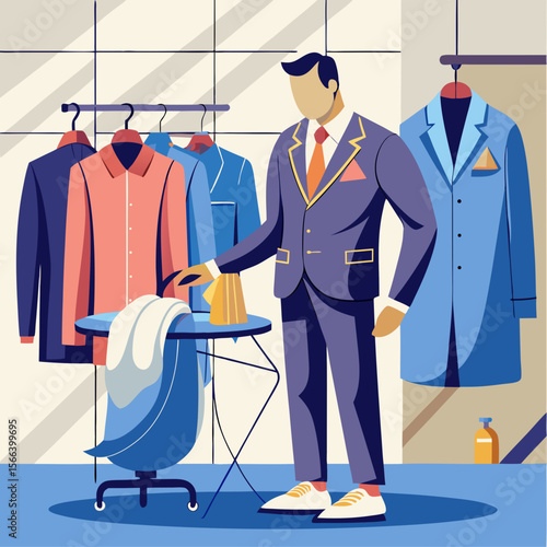 A man is standing in front of a mannequin wearing a suit and tie. He is looking at the mannequin and seems to be admiring it. The room is well lit and has a modern, stylish feel to it