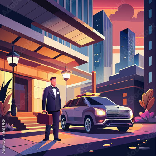 A man in a suit is standing in front of a building with a briefcase. The image has a mood of professionalism and formality
