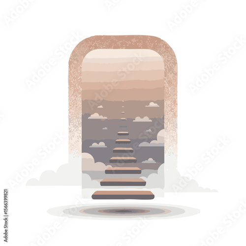 Surreal Gateway with Floating Stairs and Misty Fade, Flat Natural Vector