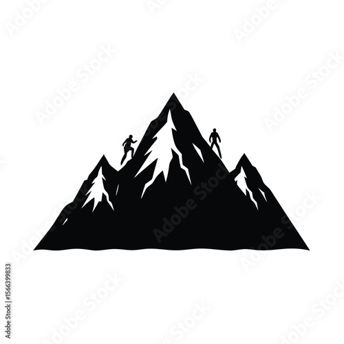 Black silhouette of snowy mountain with climbers climbing