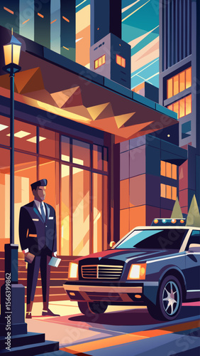 A man in a suit is standing in front of a building with a briefcase. The image has a mood of professionalism and formality