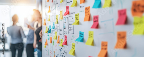 Team brainstorming with colorful sticky notes on whiteboard in bright office space