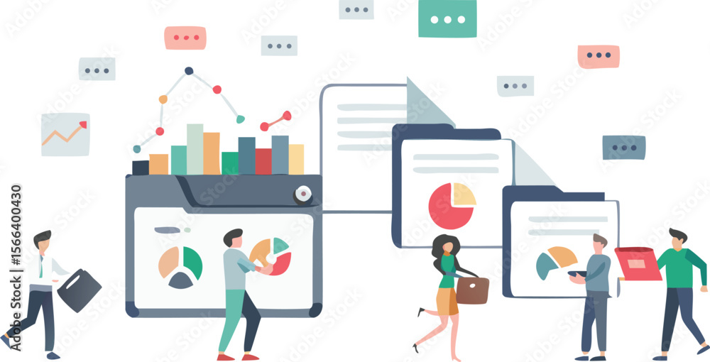 People interacting with data charts and graphs displayed on digital screens and documents around them People interacting with data charts and graphs displayed on digital screens and documents around them