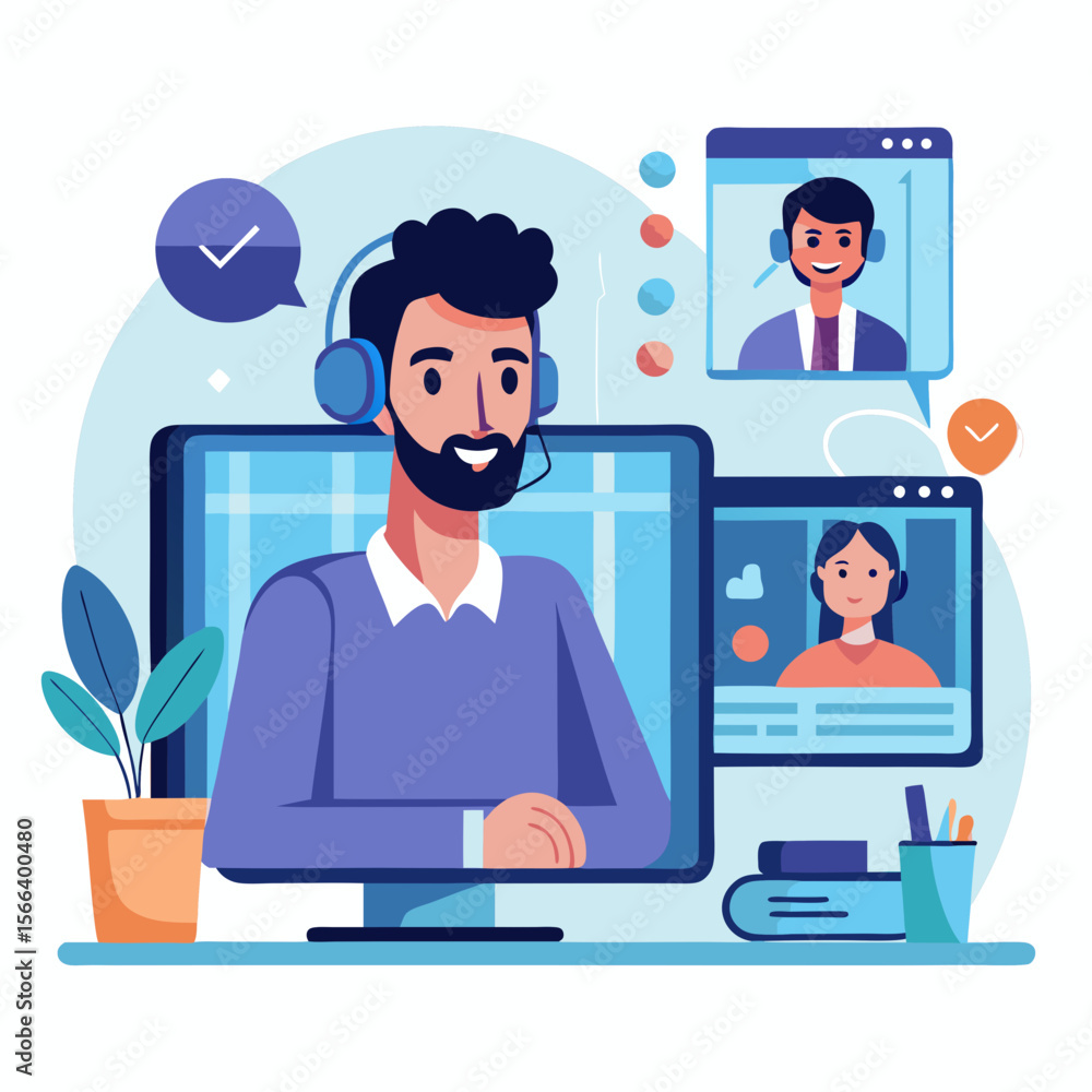 A man wearing headphones is talking to two people on a computer screen. The man is smiling and the two people are smiling back. Concept of connection and communication between the people on the screen A man wearing headphones is talking to two people on a computer screen. The man is smiling and the two people are smiling back. Concept of connection and communication between the people on the screen
