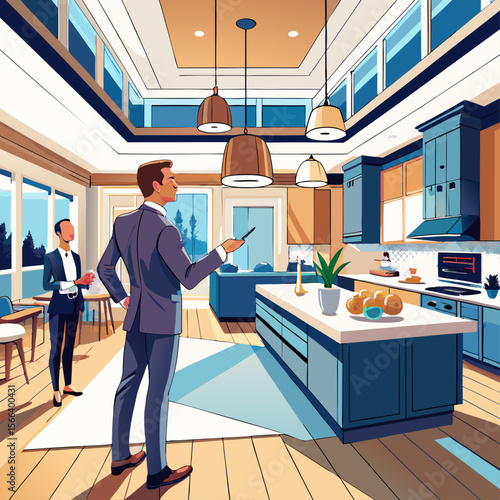 A man is giving a presentation in a kitchen. The room is well-lit and has a modern design. There are three people in the room, one of whom is holding a tablet
