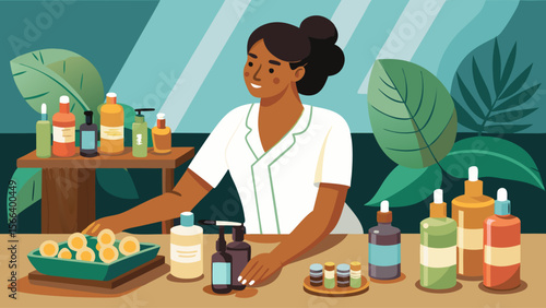 A woman is working at a counter with many bottles and jars. She is smiling and she is enjoying her work. The scene is set in a green room with plants and a potted plant in the background