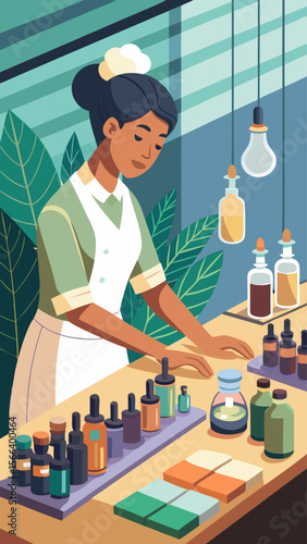 A woman is working at a counter with many bottles and jars. She is smiling and she is enjoying her work. The scene is set in a green room with plants and a potted plant in the background