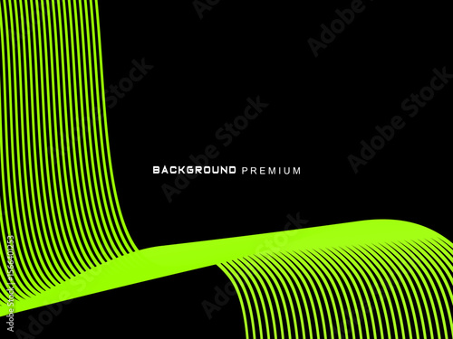 Background pattern of bright green neon stripes that curve and wavy dynamically on a black background, creating an effect of movement and modernity.