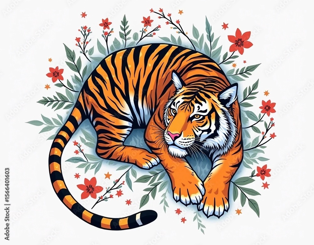 Full body tiger vector illustration in a crouching pose surrounded by colorful blooming flowers. Generate AI Full body tiger vector illustration in a crouching pose surrounded by colorful blooming flowers. Generate AI