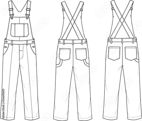 Front and back flat sketch of denim overalls with pocket and strap detail, technical apparel cad drawing flat vector illustration