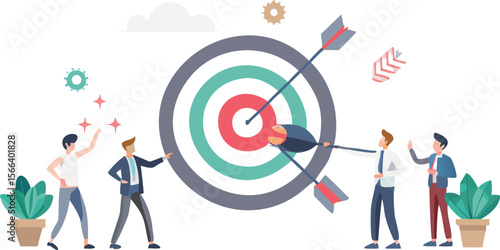 Illustration of a team celebrating hitting the target with arrows in a business setting and plants around
