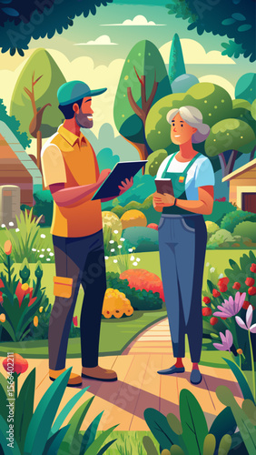 A man and a woman are talking in a garden. The man is wearing a yellow apron and the woman is holding a clipboard
