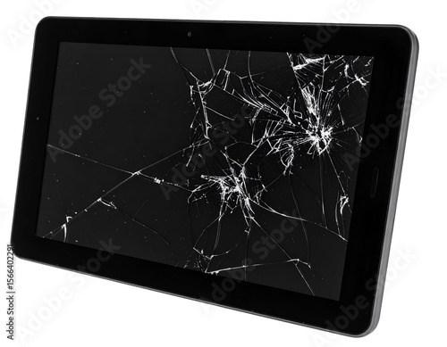 A sleek portable tablet suffers significant damage, its glass screen completely fractured into a striking pattern.