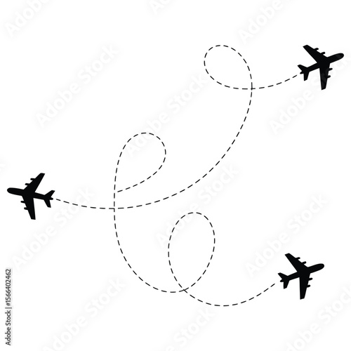 Airplane Icons with Dash Lines Routes on Transparent Background