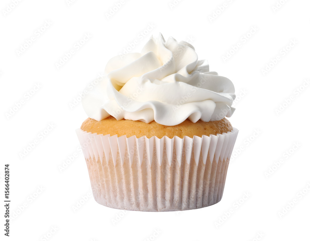A classic vanilla cupcake crowned with elegant swirls of creamy white frosting offers a tempting delight. A classic vanilla cupcake crowned with elegant swirls of creamy white frosting offers a tempting delight.