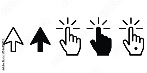 Black Arrow Icon with Finger Click Pointer Icons Set on White Background